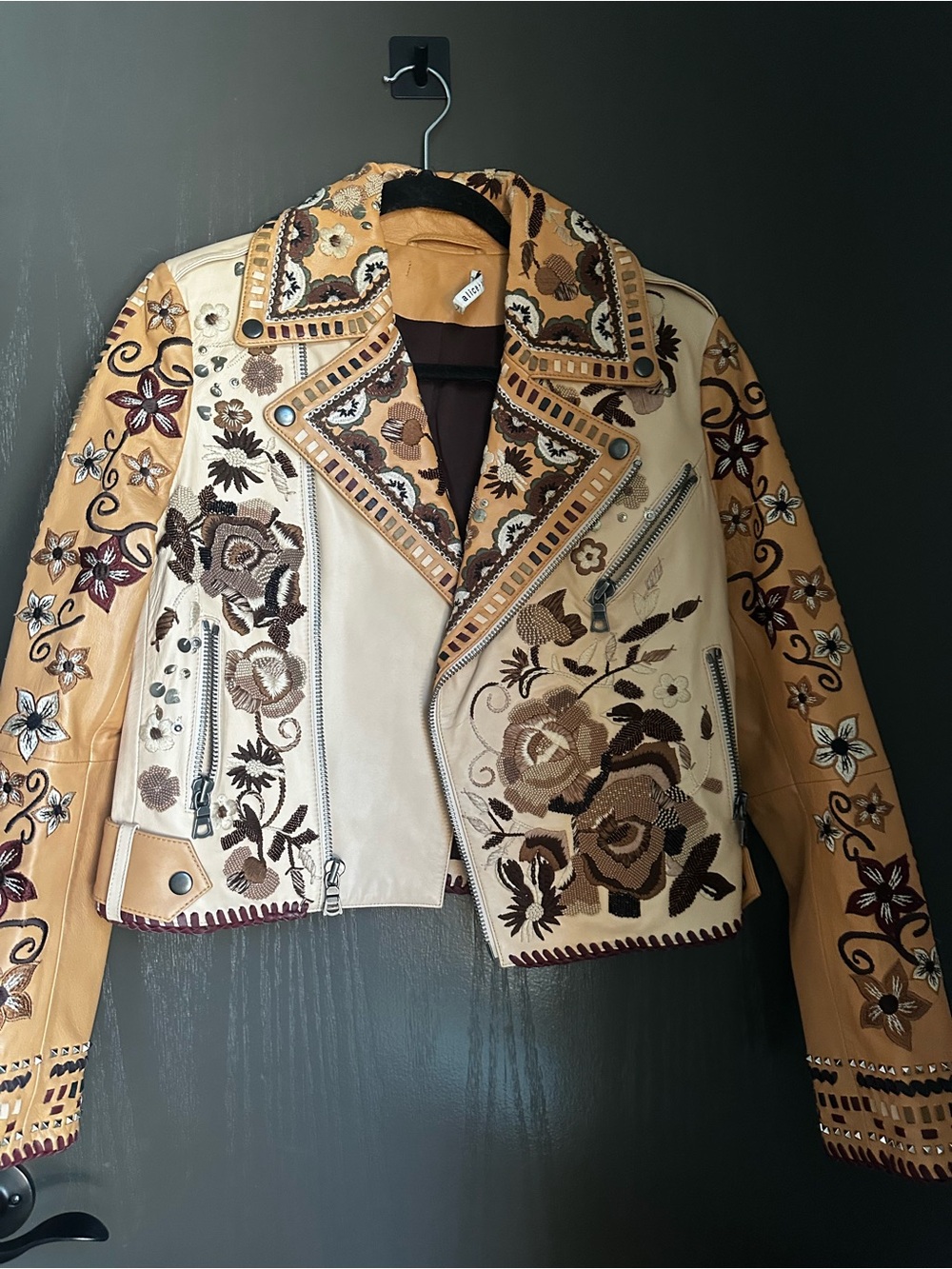Alice and Olivia Cody Embroidered Leather Jacket